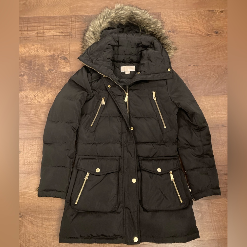 Michael Kors Black Down Puffer Coat with Faux Fur Hood Gold Hardware Women’s XS